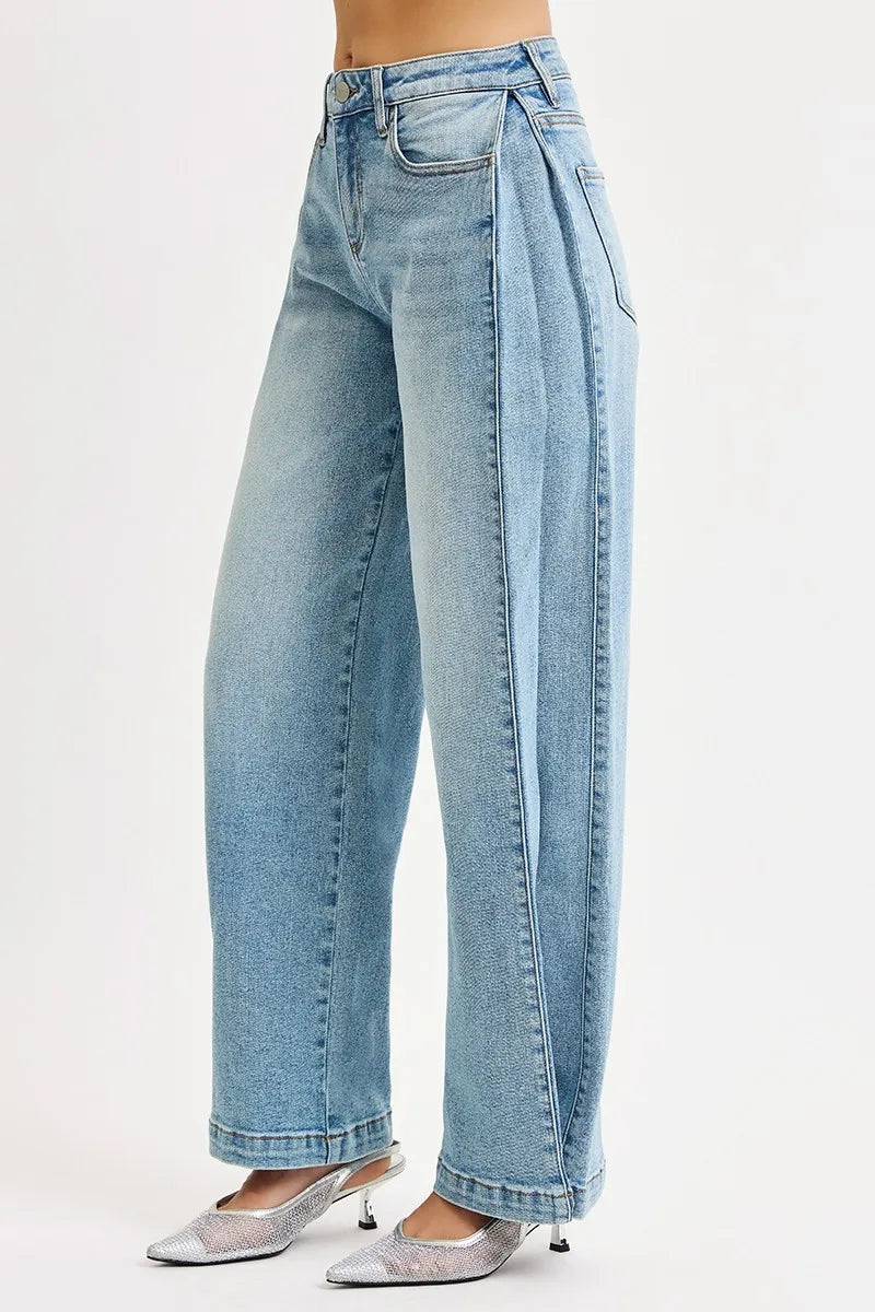 Boho Mid Rise Wide Barrel Leg Snap Jeans