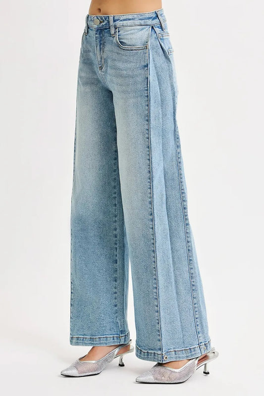 Boho Mid Rise Wide Barrel Leg Snap Jeans