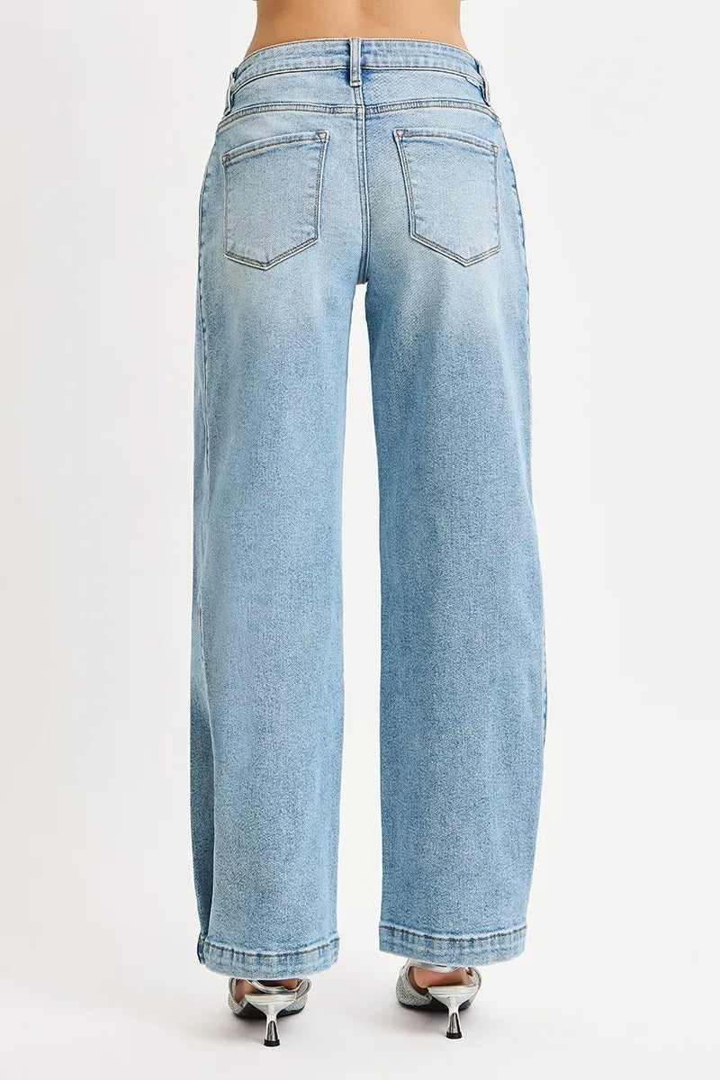 Boho Mid Rise Wide Barrel Leg Snap Jeans