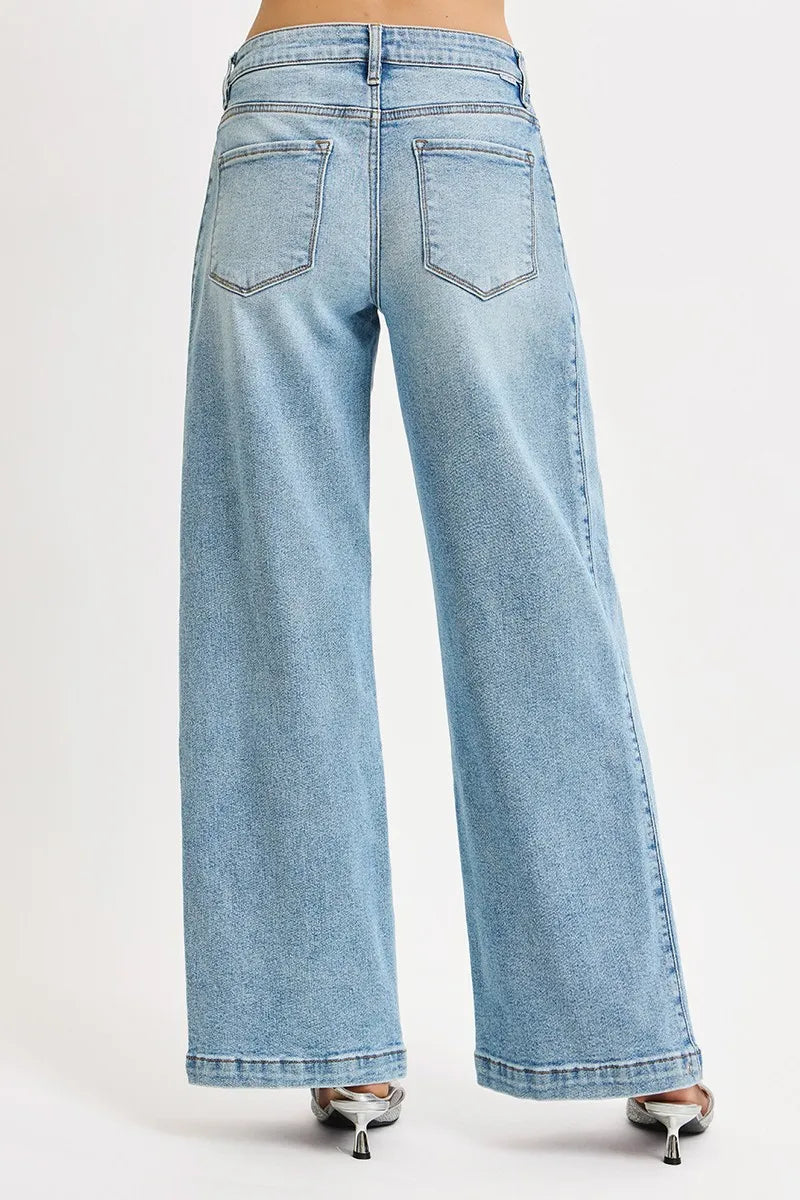 Boho Mid Rise Wide Barrel Leg Snap Jeans
