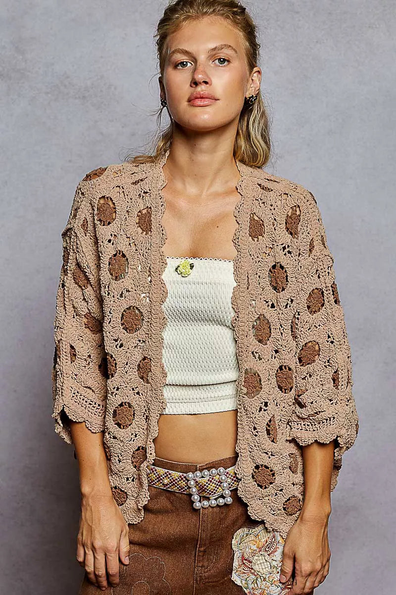 Boho Openwork V-Neck Chenille Cardigan with Contrast Floral
