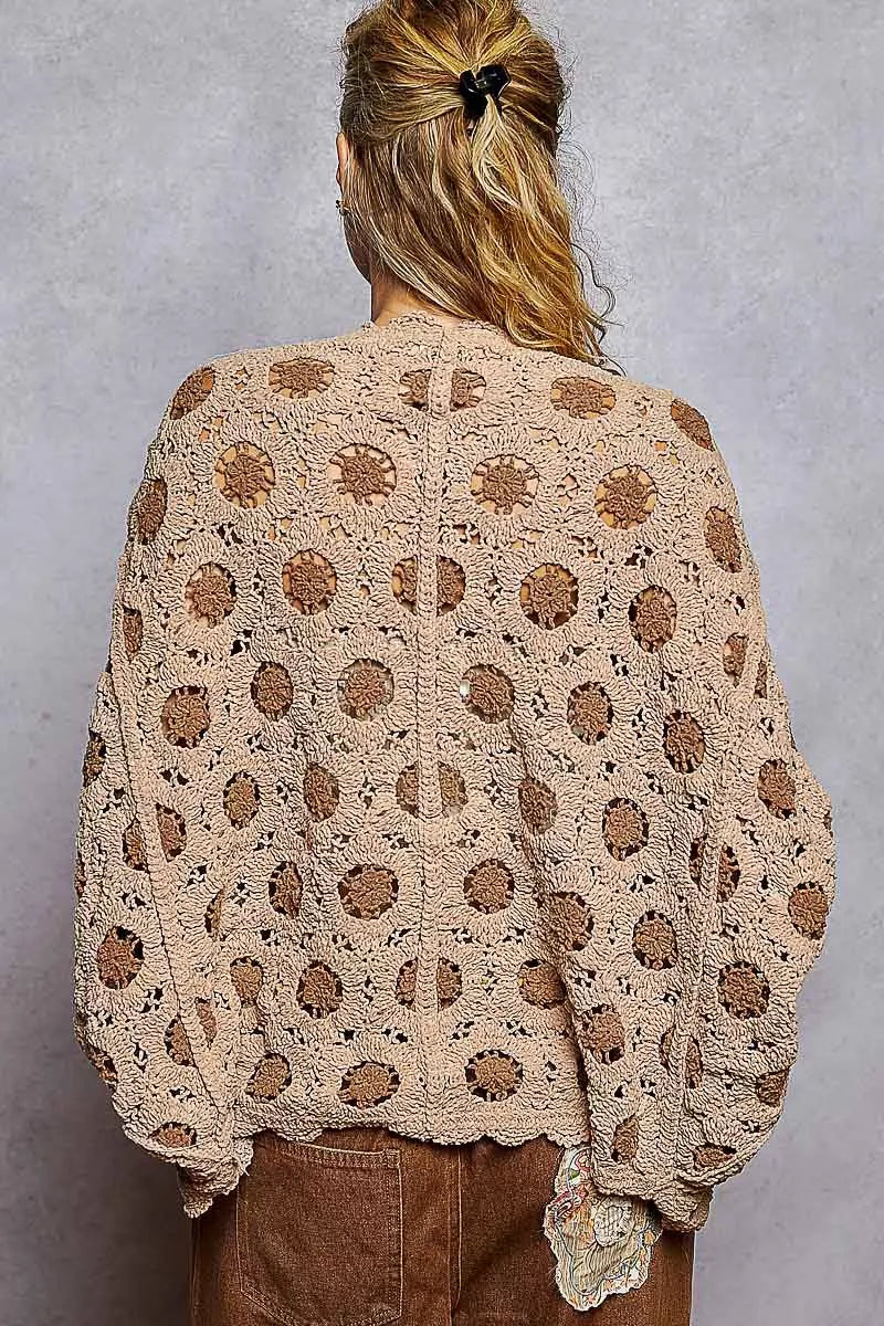 Boho Openwork V-Neck Chenille Cardigan with Contrast Floral