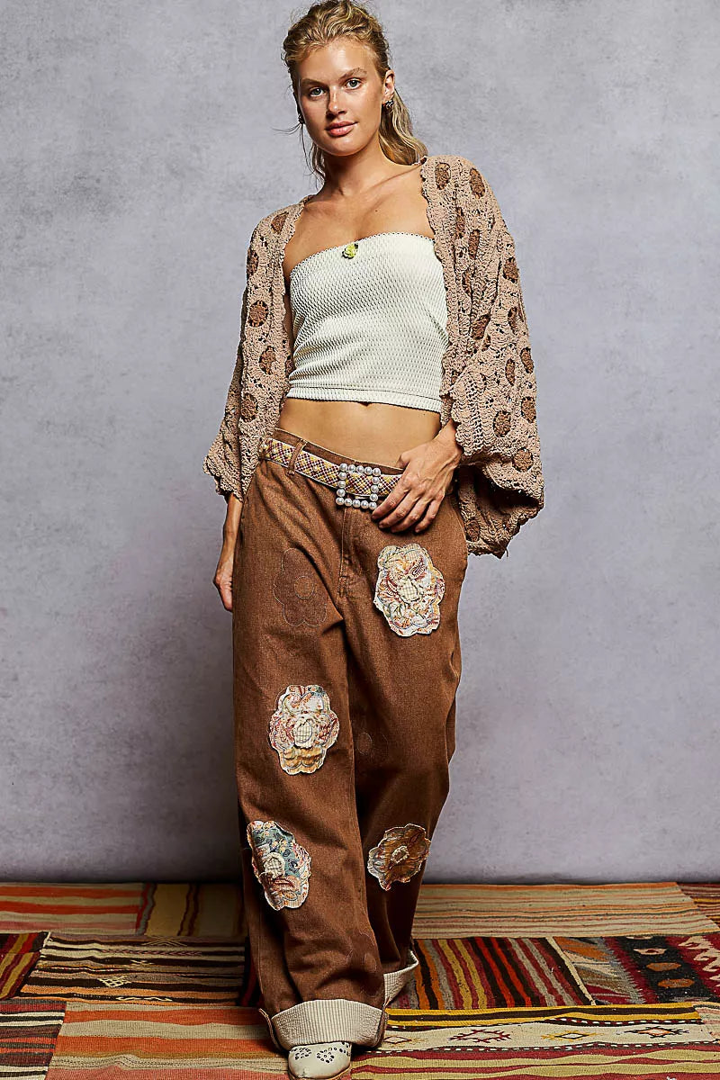 Boho Openwork V-Neck Chenille Cardigan with Contrast Floral