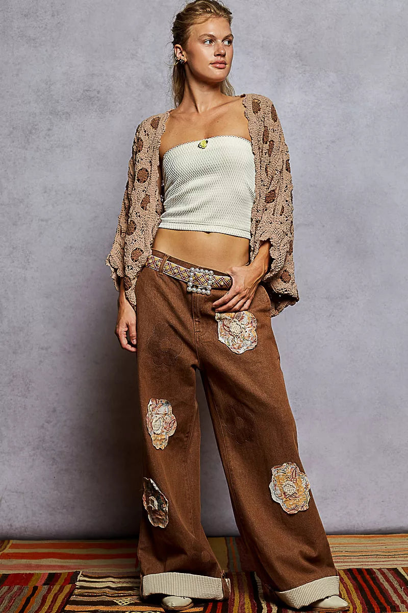 Boho Openwork V-Neck Chenille Cardigan with Contrast Floral