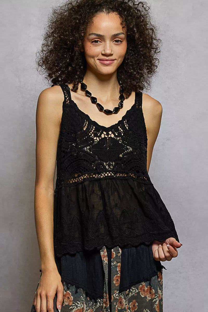 Boho V-Neck Crochet Tank with Floral Embroidery Detail