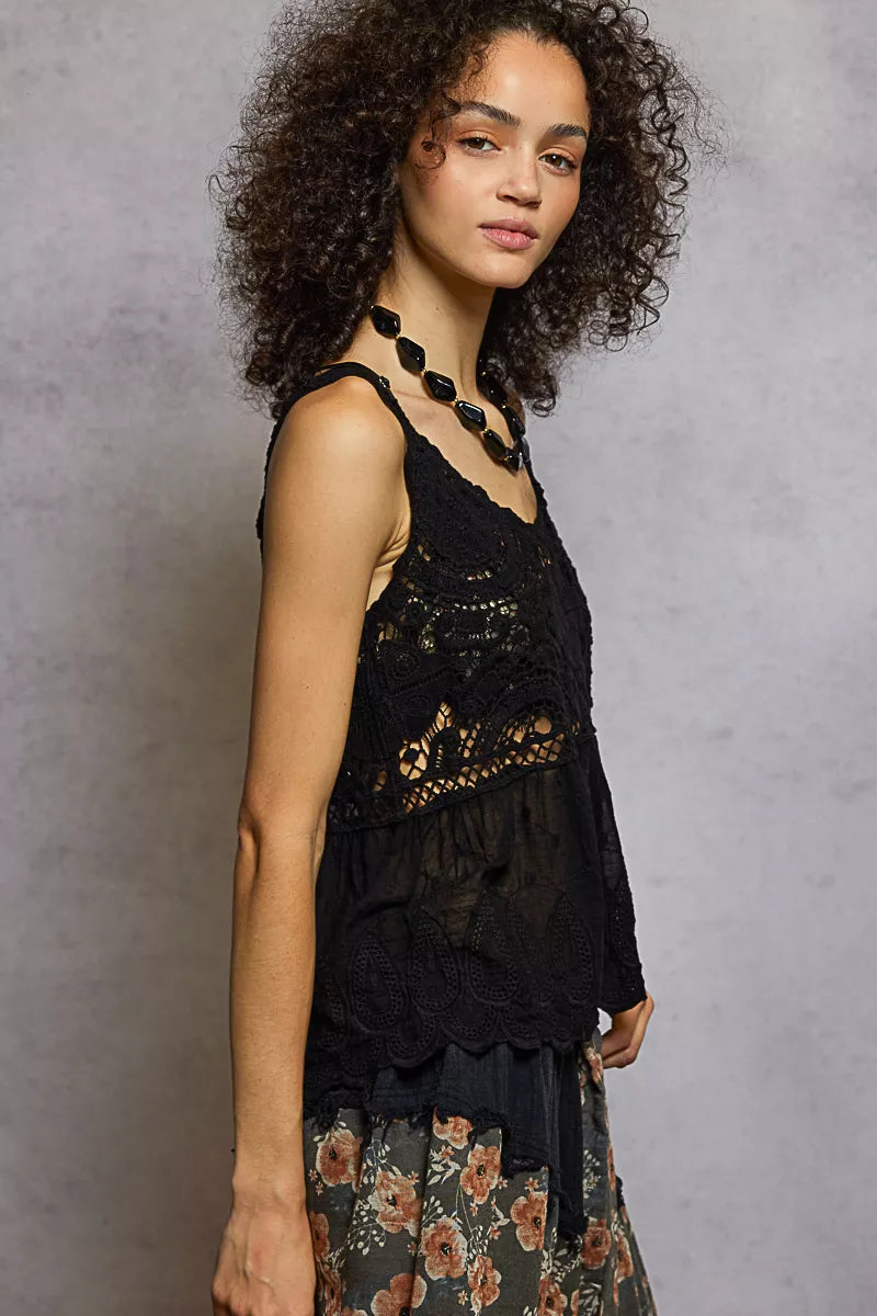 Boho V-Neck Crochet Tank with Floral Embroidery Detail