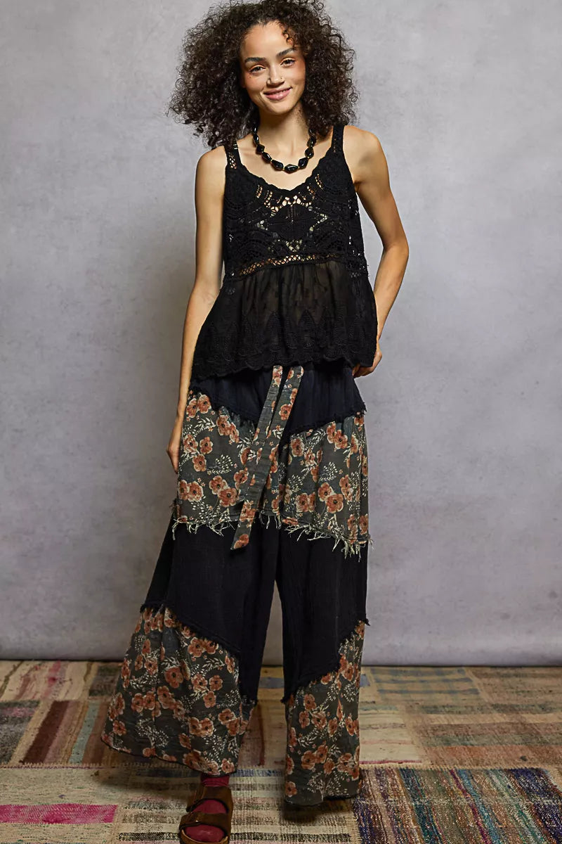 Boho V-Neck Crochet Tank with Floral Embroidery Detail