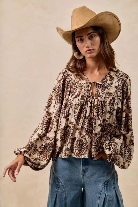 Boho Western Printed Woven Front Tied Blouse with Balloon Sleeve