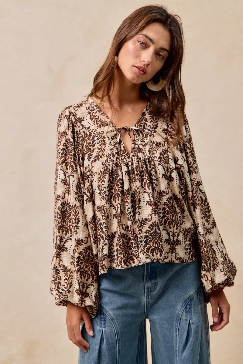 Boho Western Printed Woven Front Tied Blouse with Balloon Sleeve