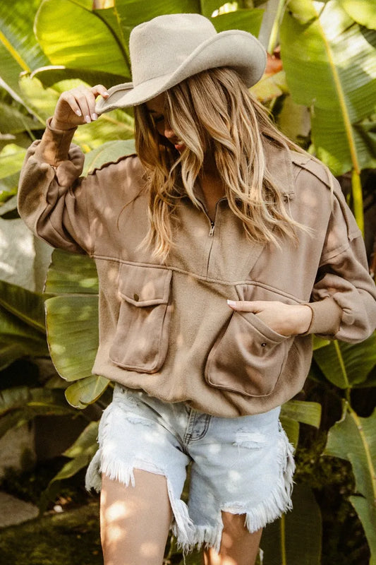 Britney Boho Half Zip Vintage Washed Fleece Pullover