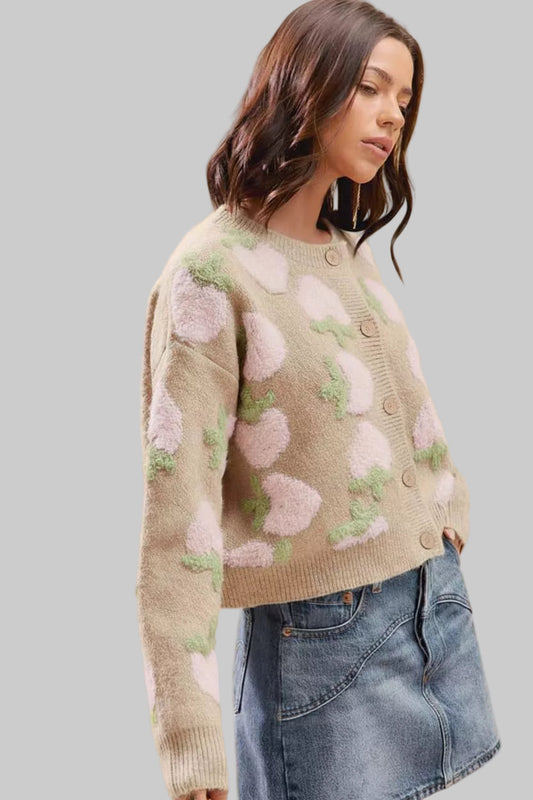 Candace Boho Strawberry Button Sweater Cardigan