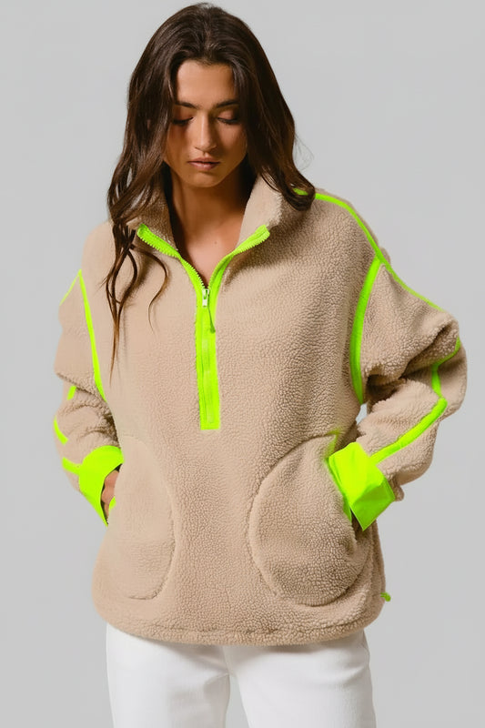 Cara Oatmeal Highlight Half Zip Up Sherpa Jacket