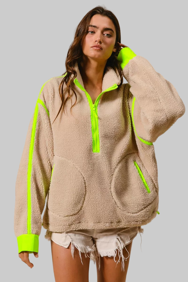 Cara Oatmeal Highlight Half Zip Up Sherpa Jacket