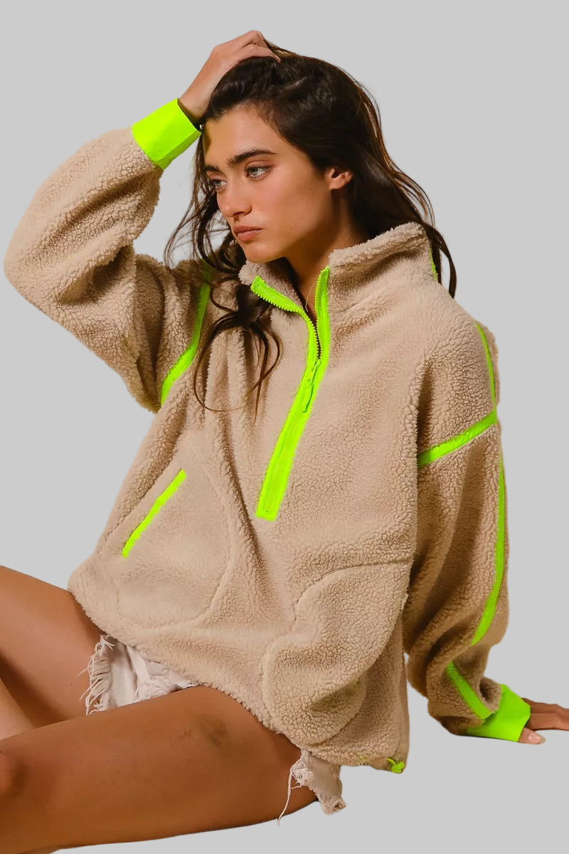 Cara Oatmeal Highlight Half Zip Up Sherpa Jacket