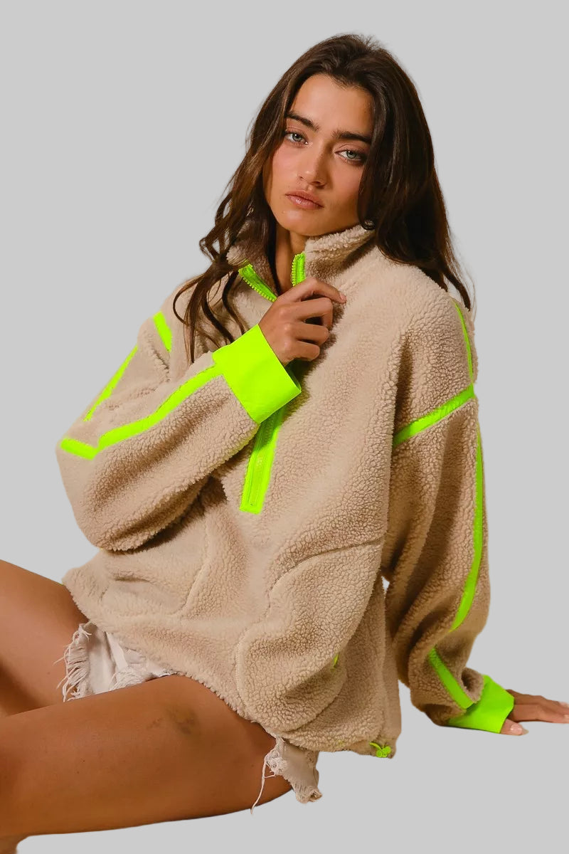 Cara Oatmeal Highlight Half Zip Up Sherpa Jacket