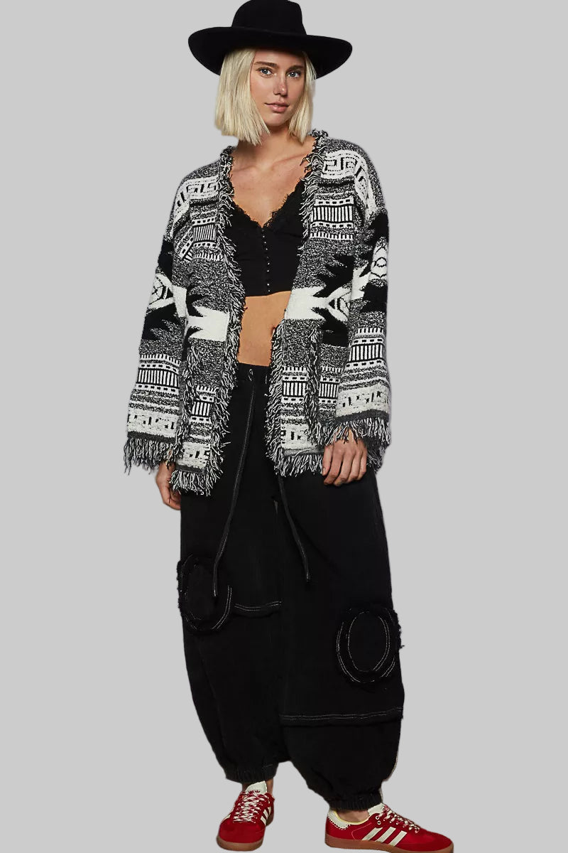 Carly Aztec Boho Western Print Cardigan with Fringe