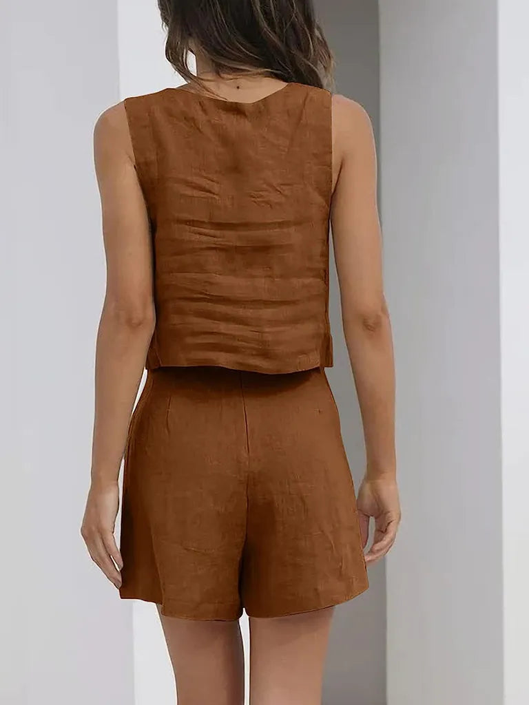 SALE Casual Cotton Sleeveless Square Neck Top + Shorts Two-Piece Set