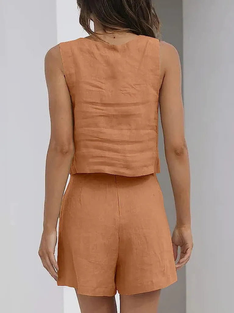 SALE Casual Cotton Sleeveless Square Neck Top + Shorts Two-Piece Set