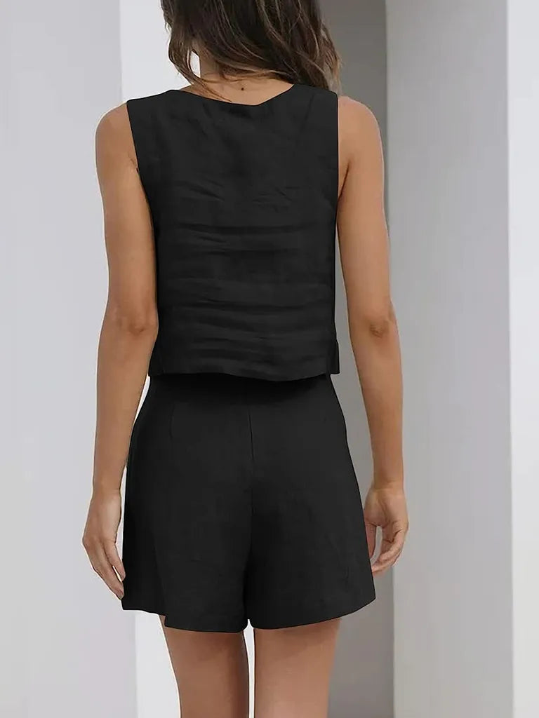 SALE Casual Cotton Sleeveless Square Neck Top + Shorts Two-Piece Set