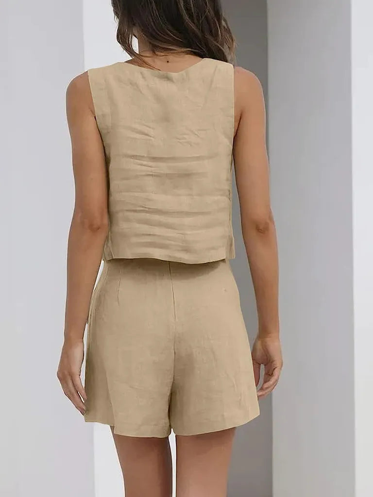 SALE Casual Cotton Sleeveless Square Neck Top + Shorts Two-Piece Set