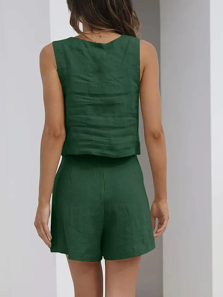 SALE Casual Cotton Sleeveless Square Neck Top + Shorts Two-Piece Set