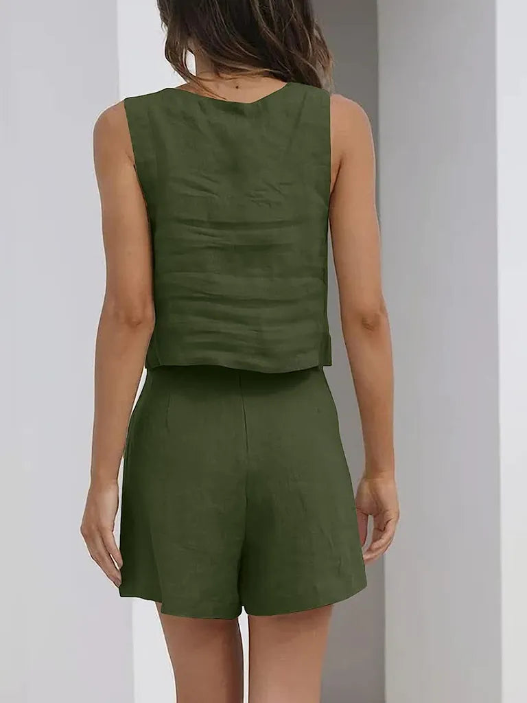 SALE Casual Cotton Sleeveless Square Neck Top + Shorts Two-Piece Set