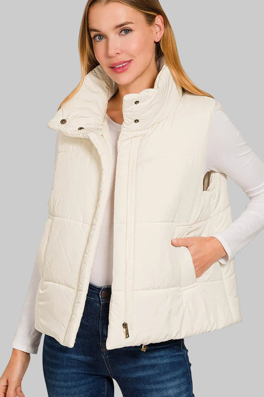 Charlie Boho Winter White High Neck Zip-Up Vest