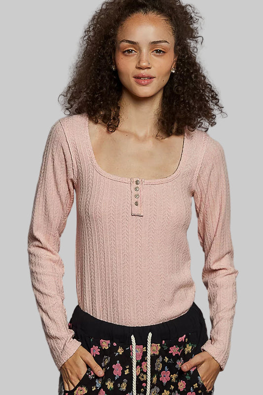 Boho Pink Square Neck Cropped Knit Top with Curved Hem