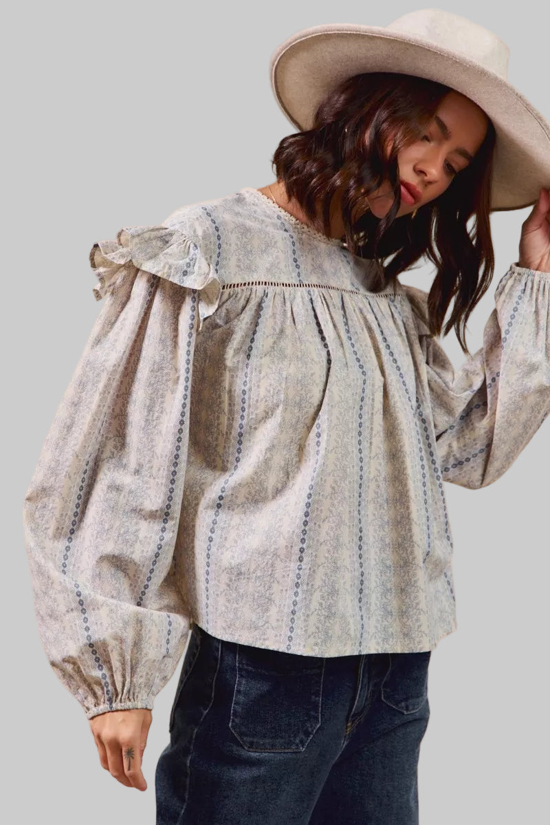 Country Boho Floral Cotton Print Ruffled Long Sleeve Blouse