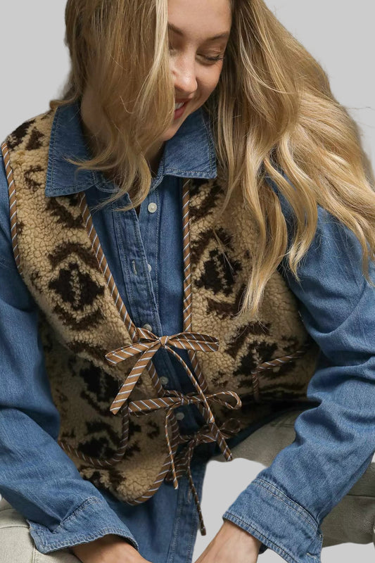 Dalia Aztec Western Sherpa Tie Front Vest