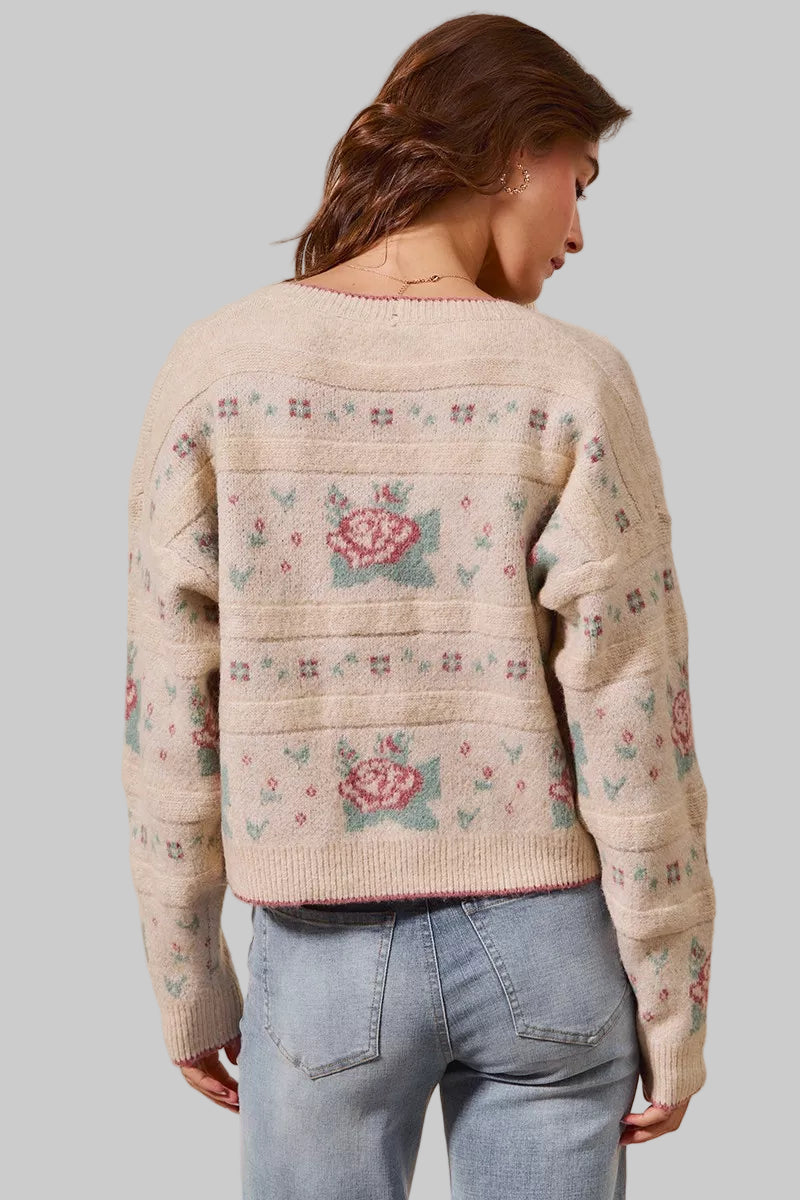 Danielle Floral Pattern Long Sleeve Button Sweater Cardigan