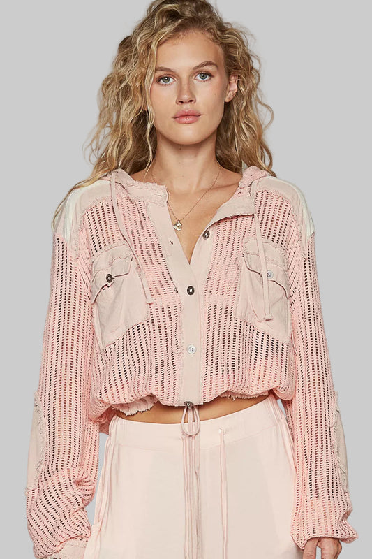 Peach Boho Texture Button Down Hooded Crop Shirt with Drawstring Hem