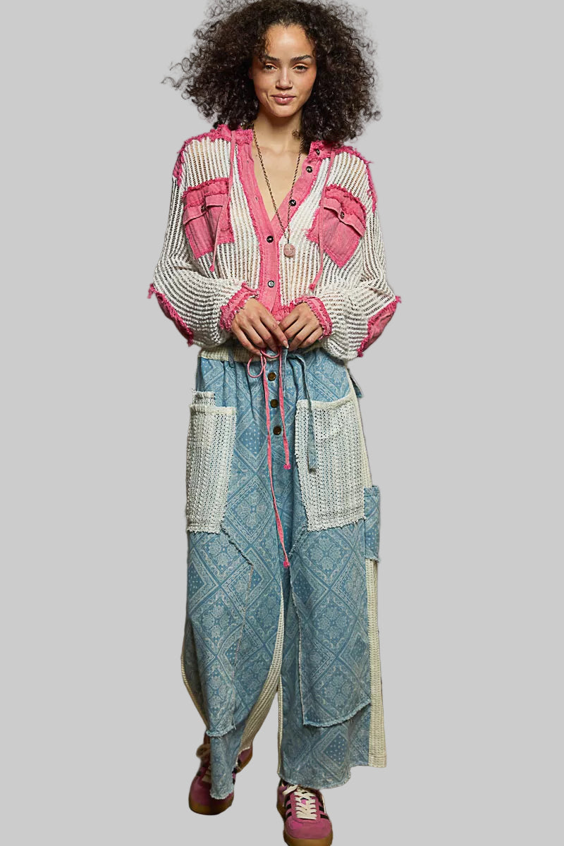 Delia Boho Button Down Hooded Shirt with Drawstring Hem