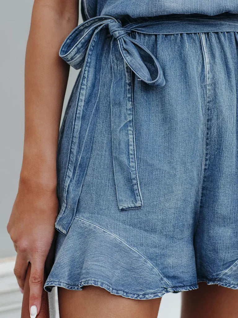 Denim Sleeveless V-Neck Ruffle Romper