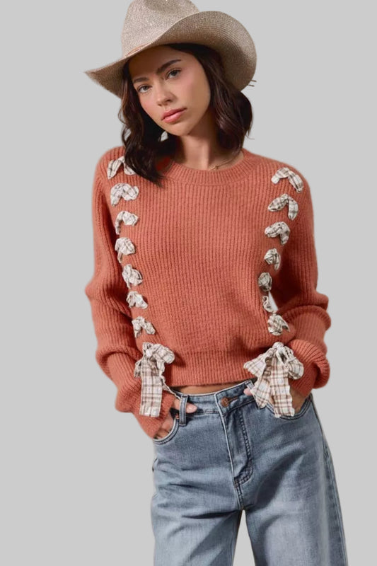 Diana Boho Checkered Plaid Lace Up Ribbed Sweater