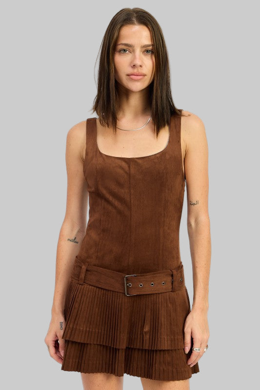 Eliza Chocolate Brown Pleated Mini Dress