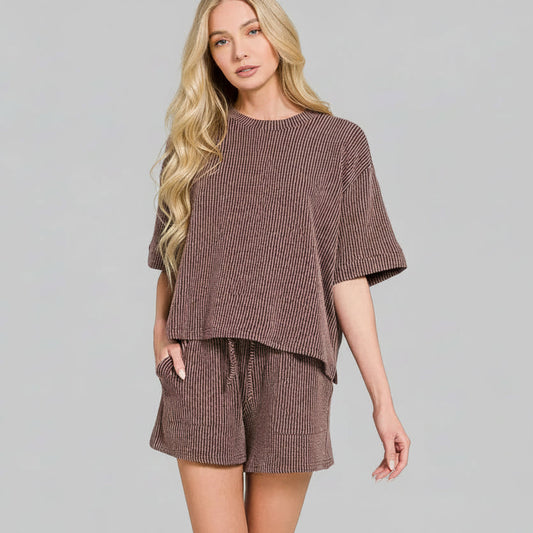 Emerson Ribbed Tee and Short Set - Chocolate Brown