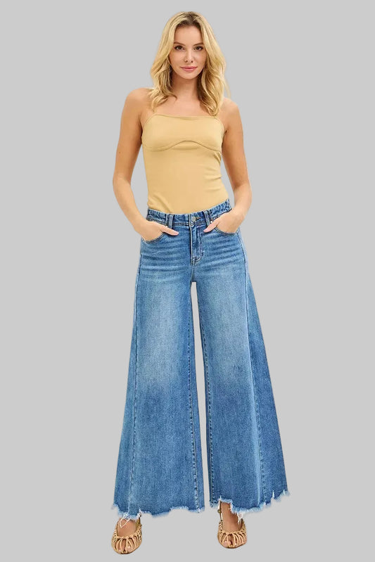 Everleigh High Rise Frayed Hem Ankle Wide Jeans
