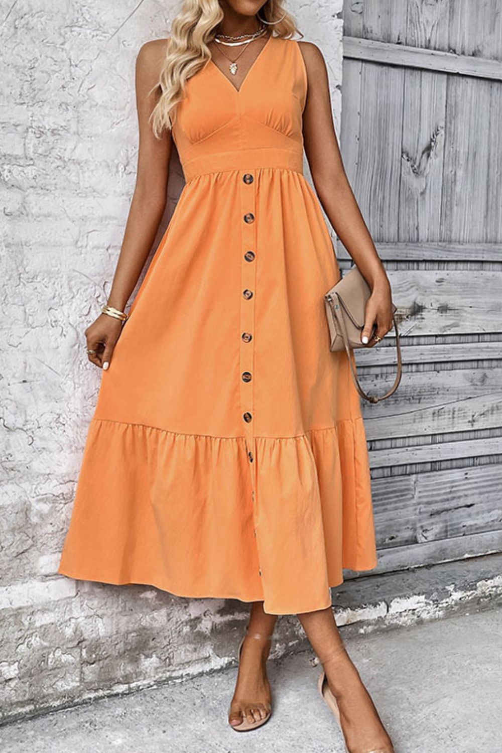Felicity V-Neck Open Back Tangerine Sleeveless Button Front Dress