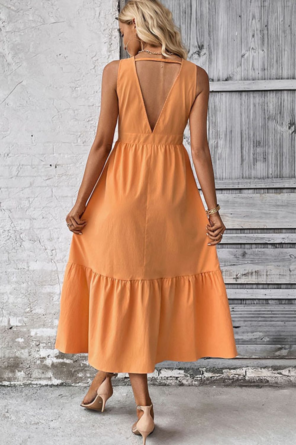 Felicity V-Neck Open Back Tangerine Sleeveless Button Front Dress