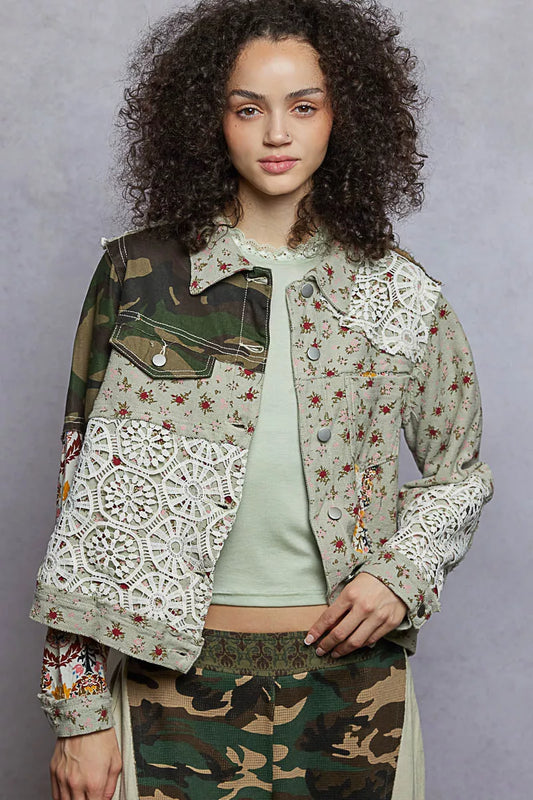 Floral Printed Boho French Terry Jacket with Crochet Contrast