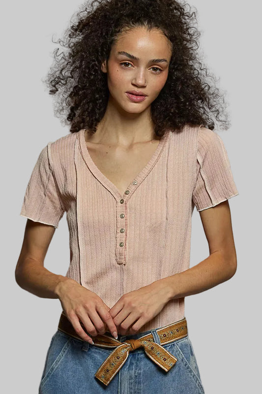 Genevieve Boho V-Neck Stitch Seam Top