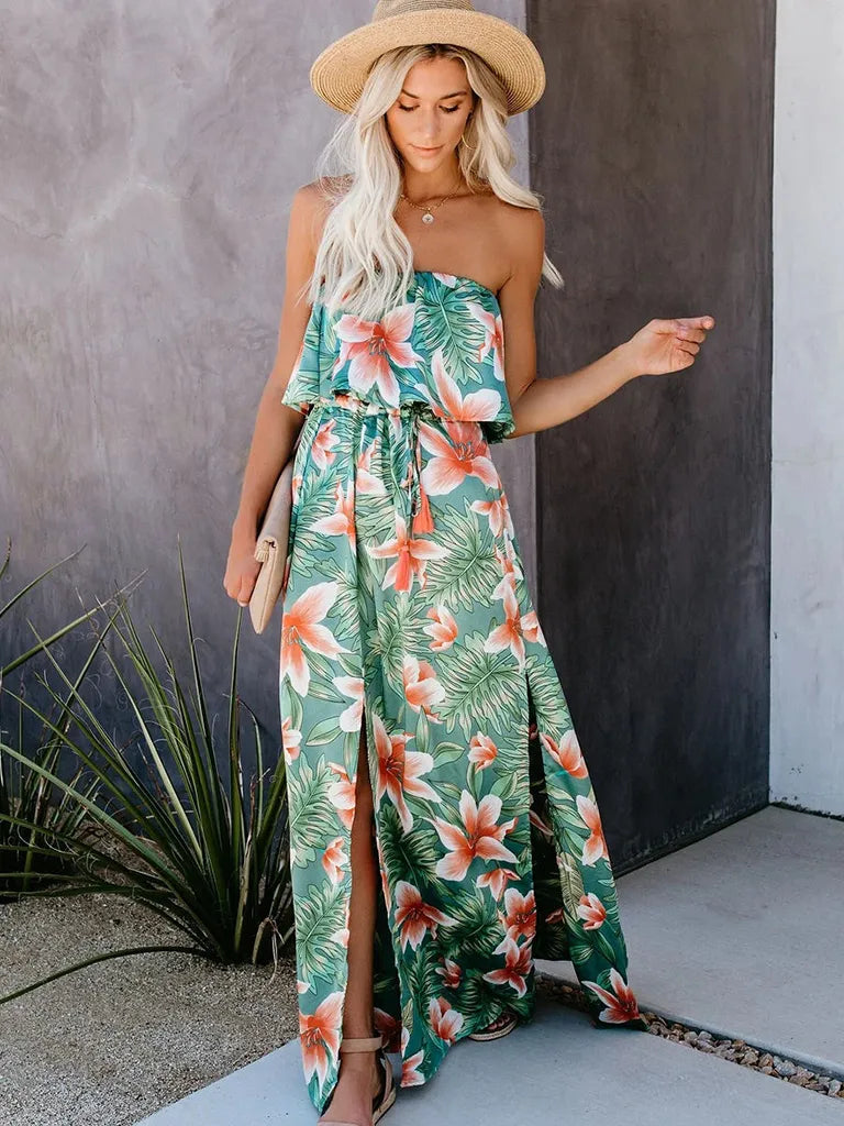 Green Floral High Slit Strapless Maxi Dress