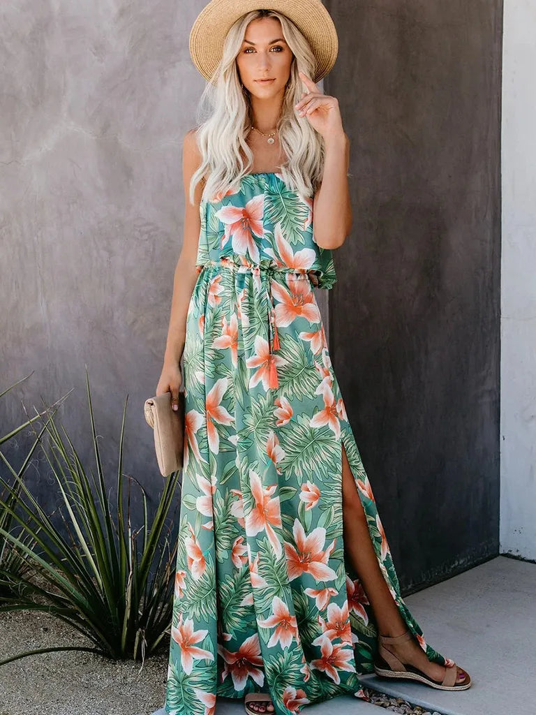 Green Floral High Slit Strapless Maxi Dress