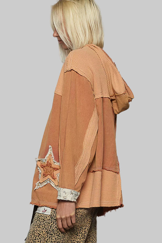 Hailey Boho Button Down Hooded Jacket with Star Patch