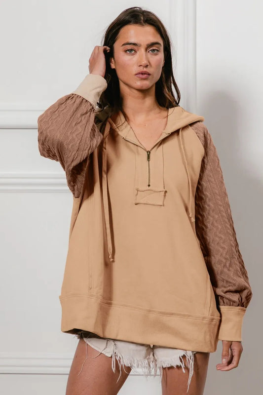 Half Zip Bohemian French Terry Hoodie with Kint Sleeves