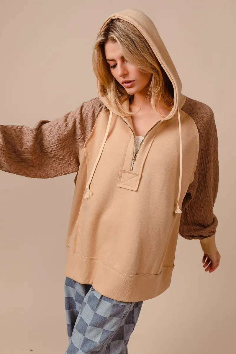 Half Zip Bohemian French Terry Hoodie with Kint Sleeves