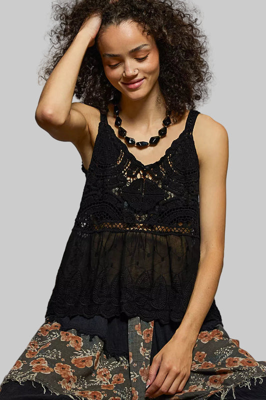 Boho V-Neck Crochet Tank with Floral Embroidery Detail