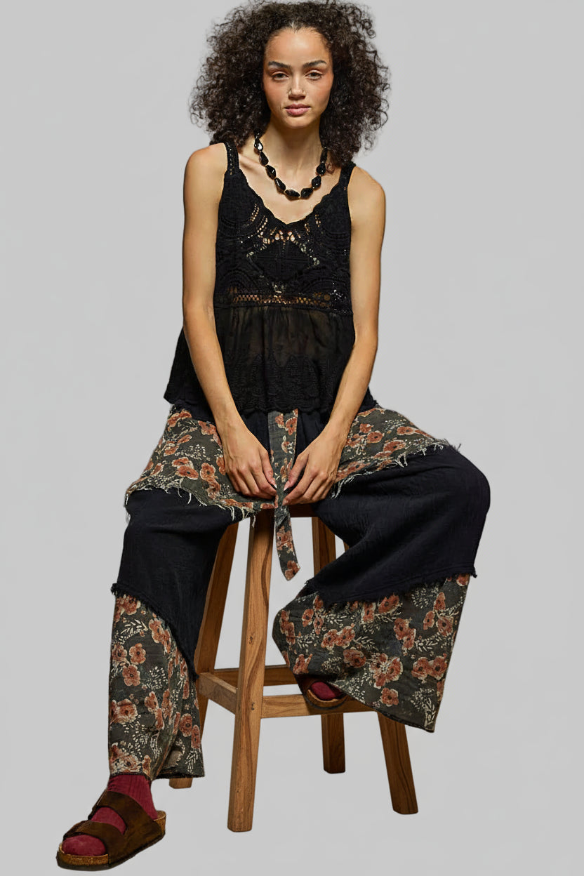 Boho V-Neck Crochet Tank with Floral Embroidery Detail