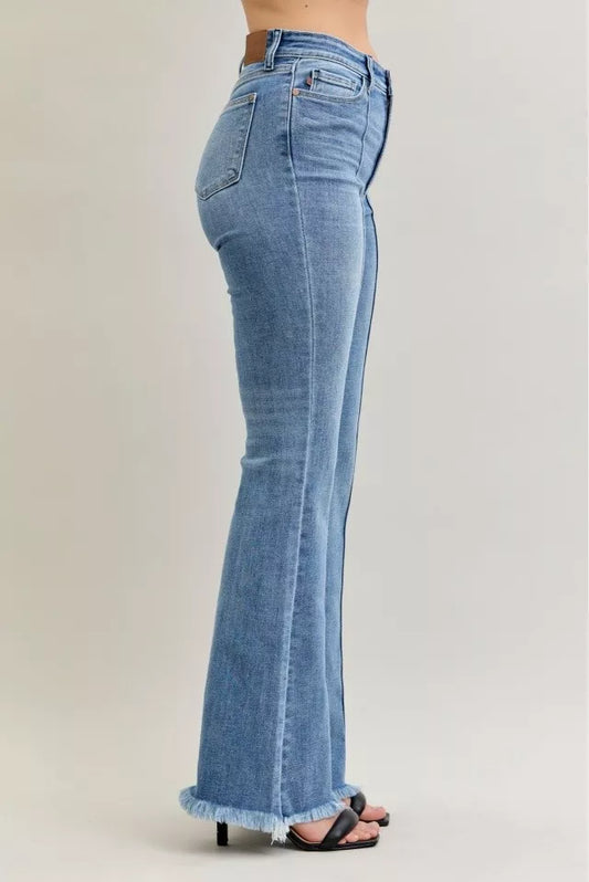 High Waist Flare Fray Hem Jeans with Front Pintuck Detail